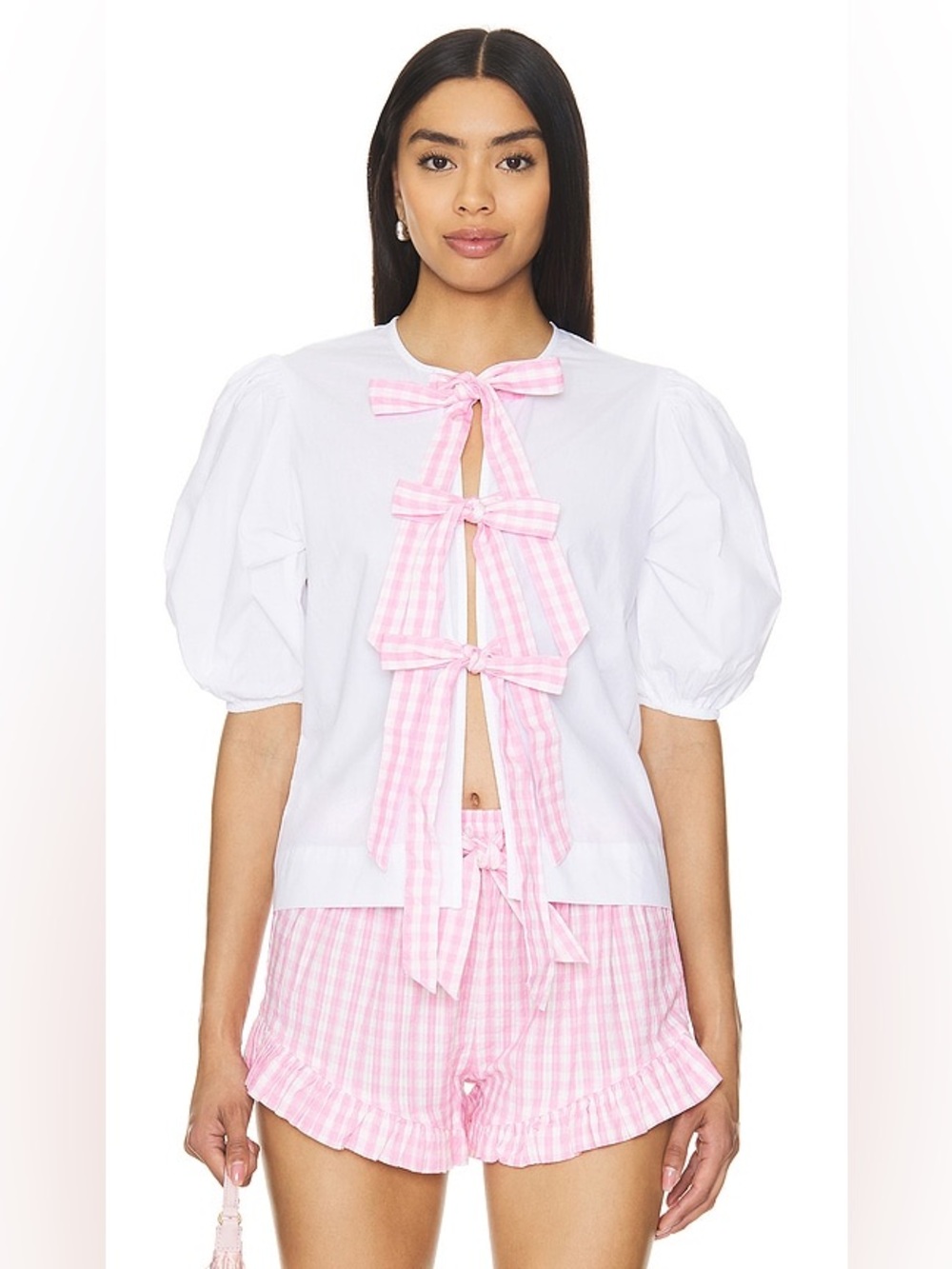 Damson Madder Paddy Night Blouse in Pink Gingham Bows